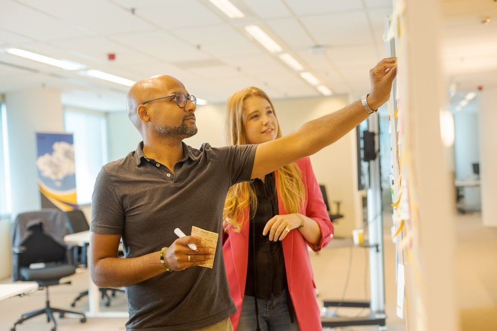 Een man en een vrouw plaatsen memo's op een planningsbord