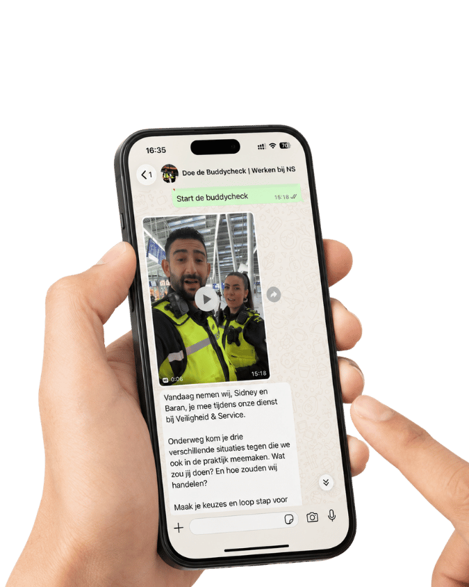 Voorbeeld van de Whatsapp tool Buddycheck om er achter te komen of je een geschikte medewerker Veiligheid & Service zou zijn.
